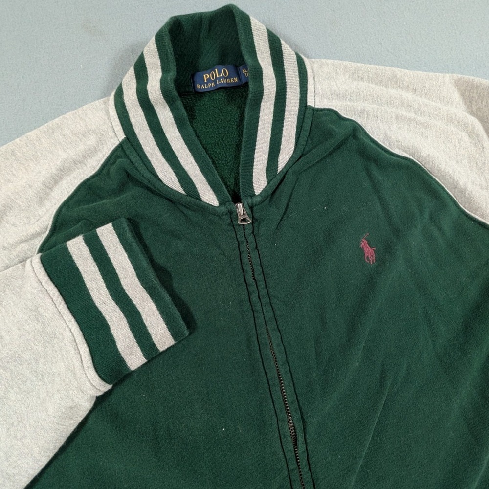 Polo Ralph‎ Lauren Varsity Jacket Mens XL Green Gray Colorblock Fleece Full Zip